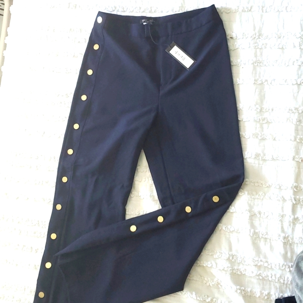 Navy Wide Leg Pants with gold button embelishments
